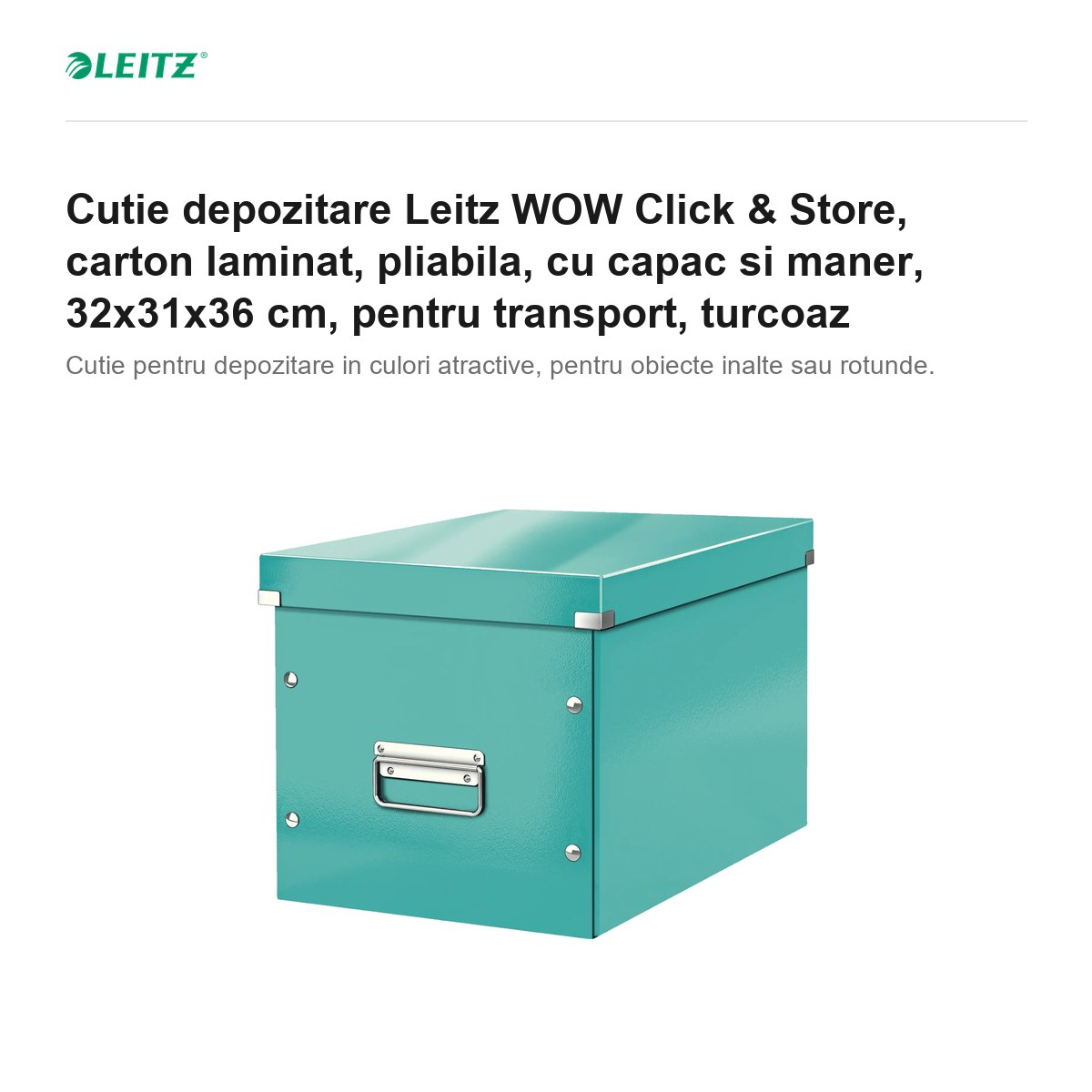 Cutie depozitare Leitz WOW Click & Store, carton laminat, pliabila, cu capac si maner, 32x31x36 cm, pentru transport, turcoaz [1]