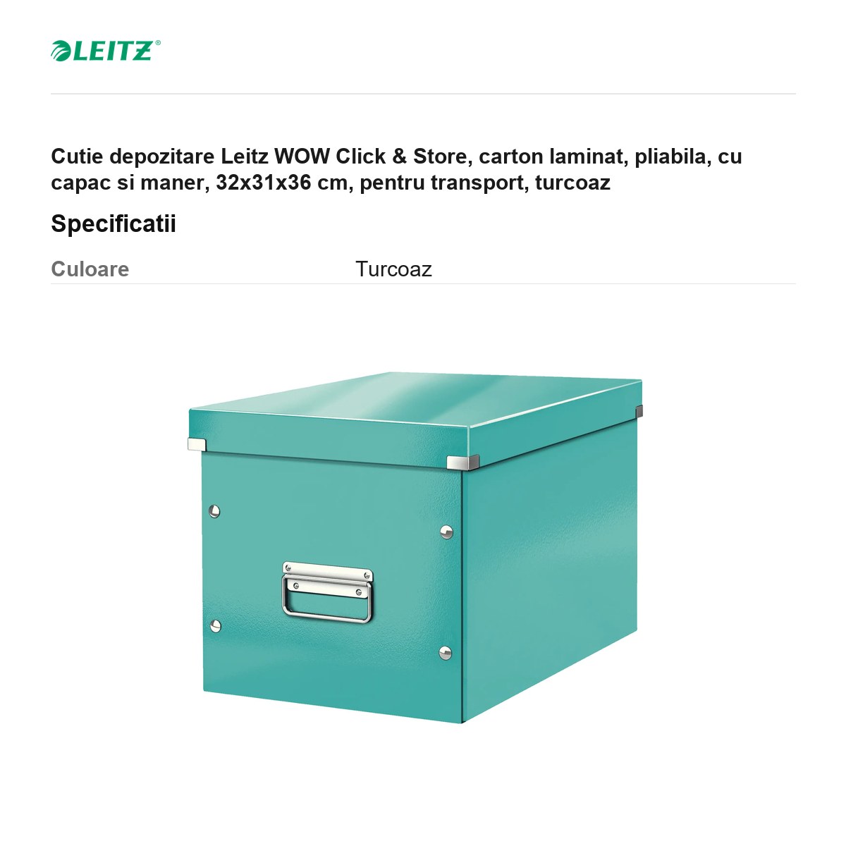 Cutie depozitare Leitz WOW Click & Store, carton laminat, pliabila, cu capac si maner, 32x31x36 cm, pentru transport, turcoaz [2]