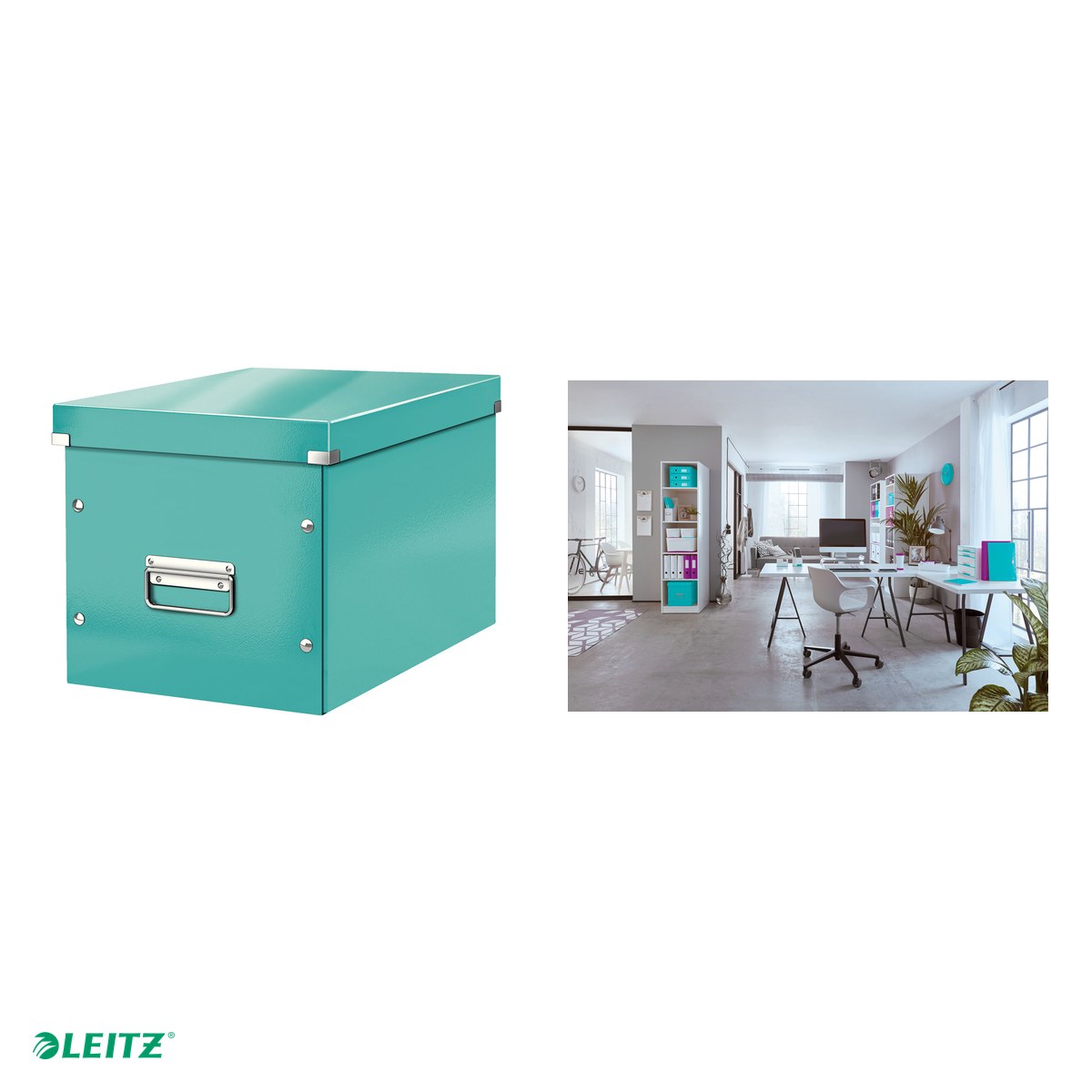 Cutie depozitare Leitz WOW Click & Store, carton laminat, pliabila, cu capac si maner, 32x31x36 cm, pentru transport, turcoaz [3]