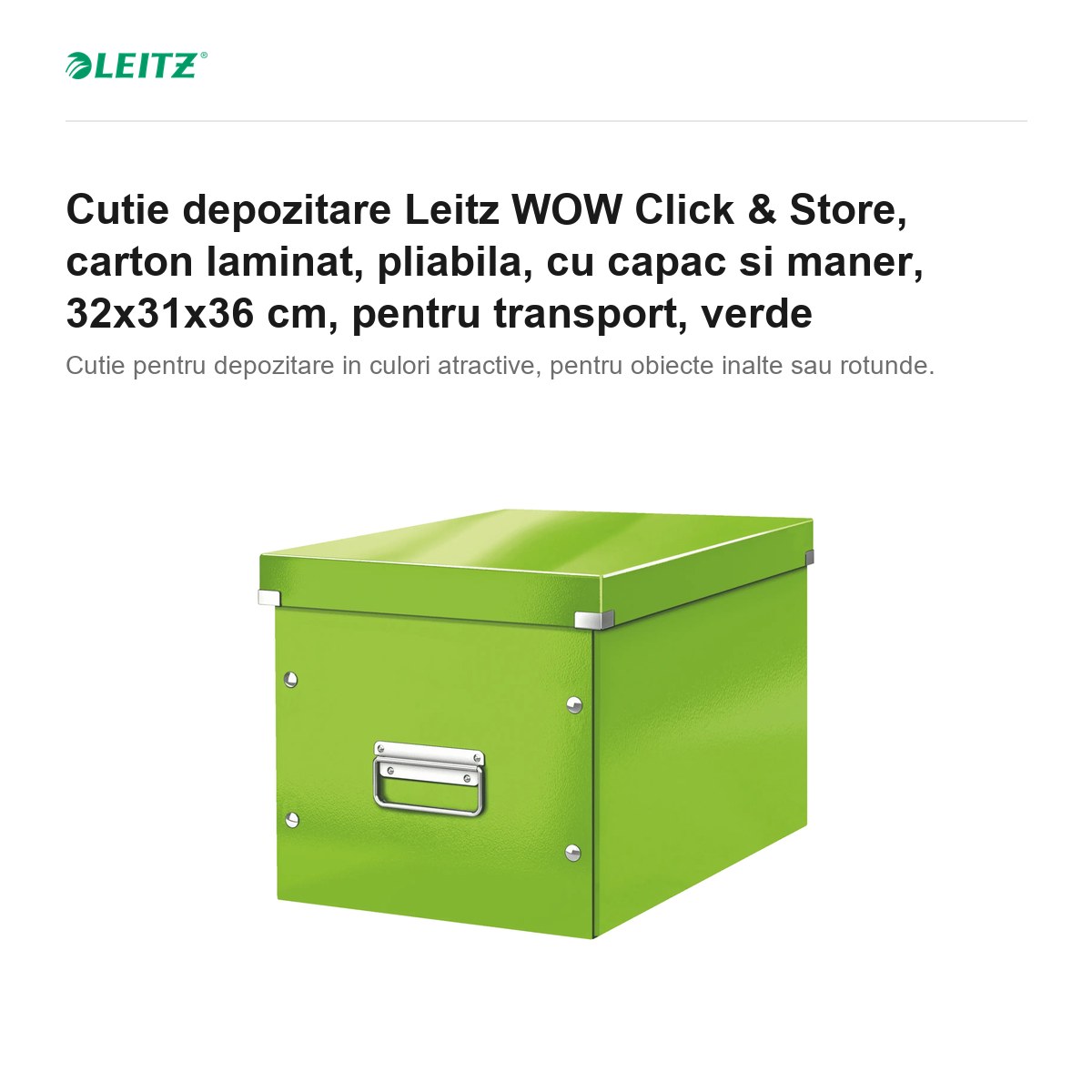 Cutie depozitare Leitz WOW Click & Store, carton laminat, pliabila, cu capac si maner, 32x31x36 cm, pentru transport, verde [1]