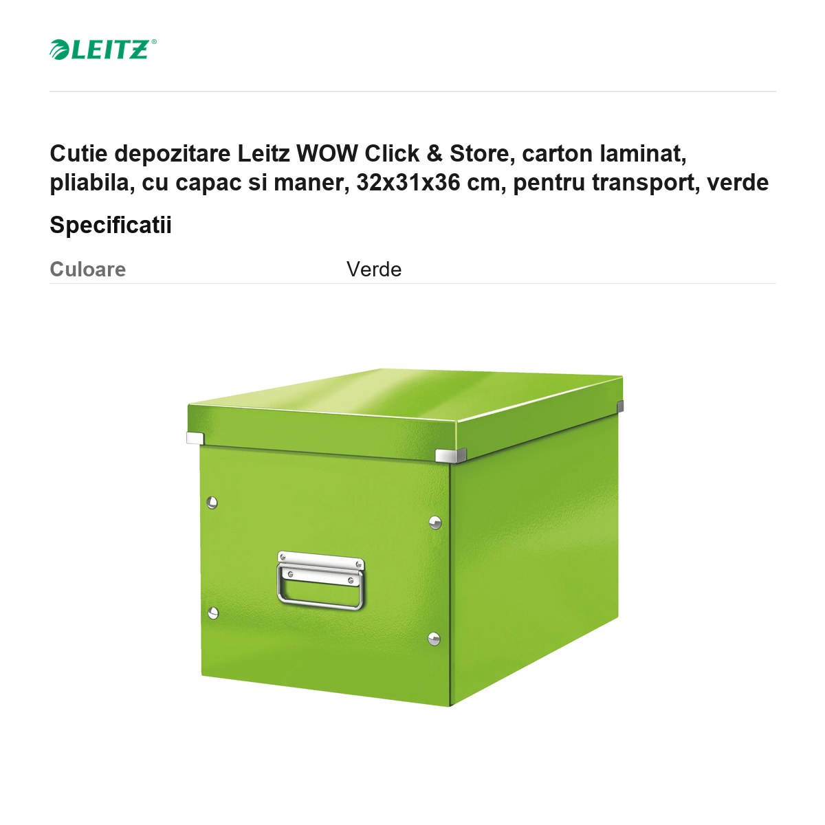 Cutie depozitare Leitz WOW Click & Store, carton laminat, pliabila, cu capac si maner, 32x31x36 cm, pentru transport, verde [2]
