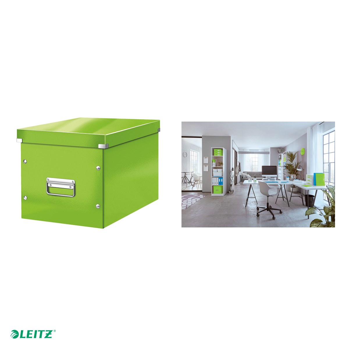 Cutie depozitare Leitz WOW Click & Store, carton laminat, pliabila, cu capac si maner, 32x31x36 cm, pentru transport, verde [3]