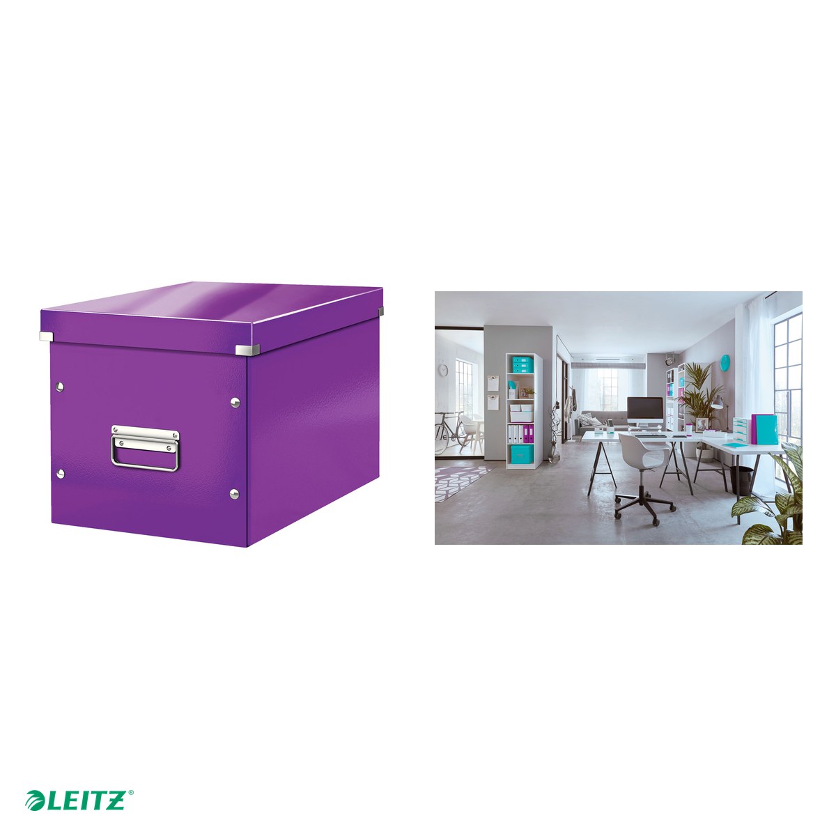 Cutie depozitare Leitz WOW Click & Store, carton laminat, pliabila, cu capac si maner, 32x31x36 cm, pentru transport, mov [3]