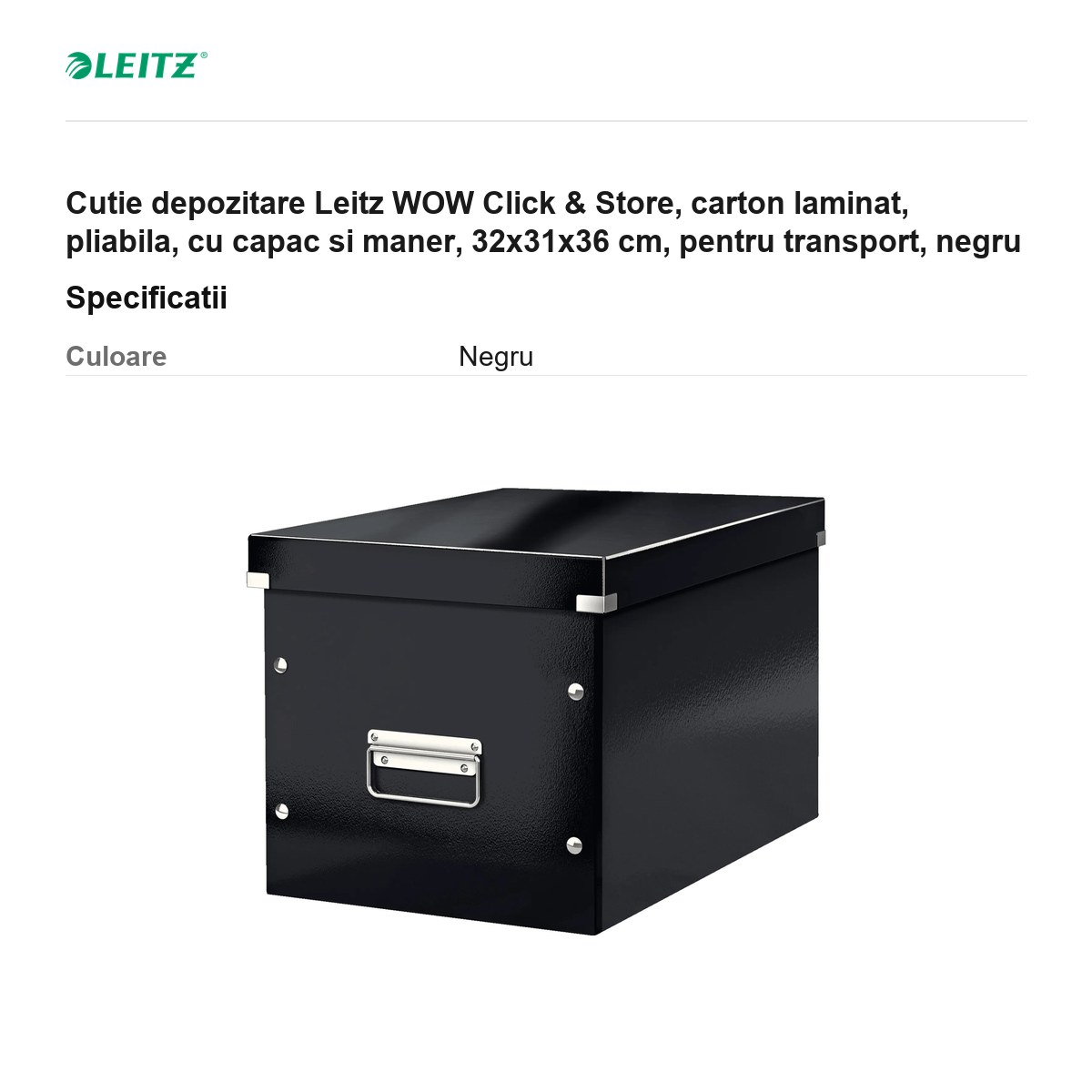Cutie depozitare Leitz WOW Click & Store, carton laminat, pliabila, cu capac si maner, 32x31x36 cm, pentru transport, negru [2]