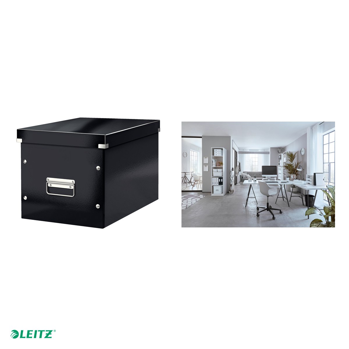 Cutie depozitare Leitz WOW Click & Store, carton laminat, pliabila, cu capac si maner, 32x31x36 cm, pentru transport, negru [3]
