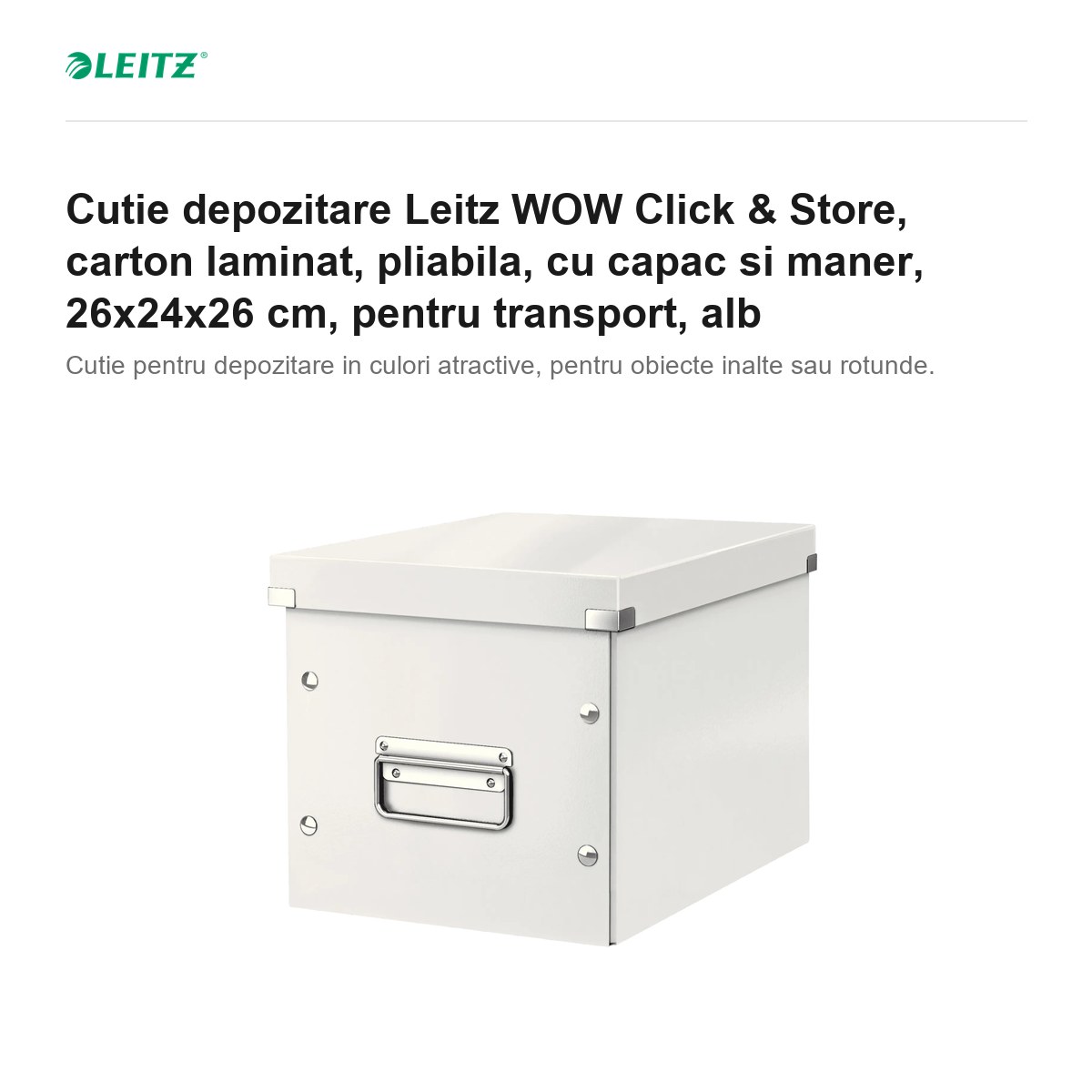 Cutie depozitare Leitz WOW Click & Store, carton laminat, pliabila, cu capac si maner, 26x24x26 cm, pentru transport, alb [1]