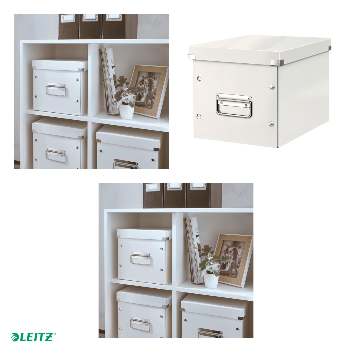Cutie depozitare Leitz WOW Click & Store, carton laminat, pliabila, cu capac si maner, 26x24x26 cm, pentru transport, alb [3]