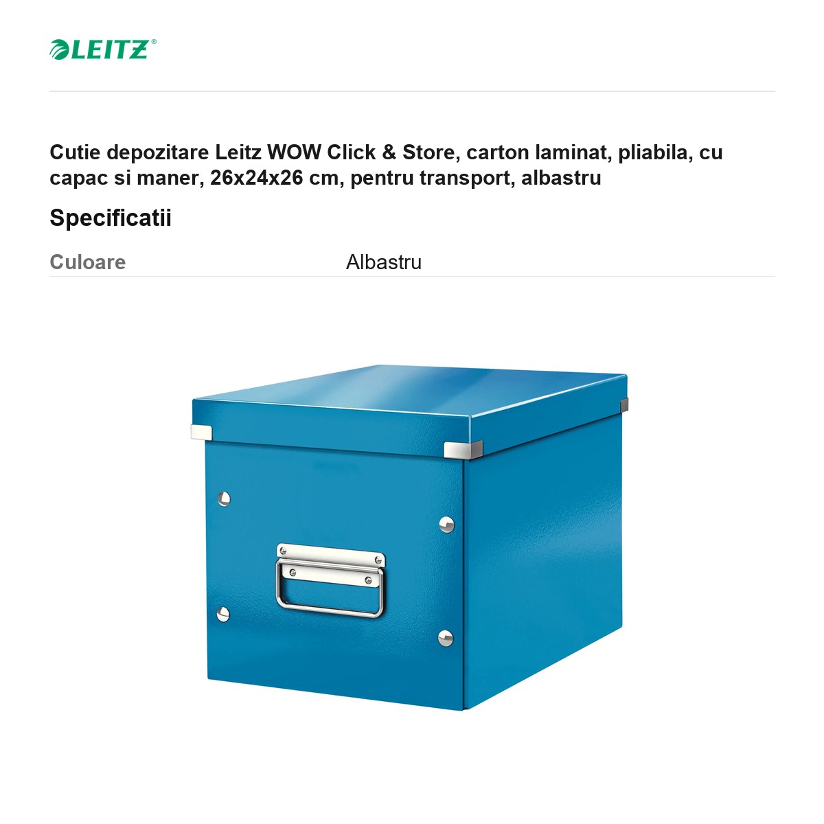 Cutie depozitare Leitz WOW Click & Store, carton laminat, pliabila, cu capac si maner, 26x24x26 cm, pentru transport, albastru [2]