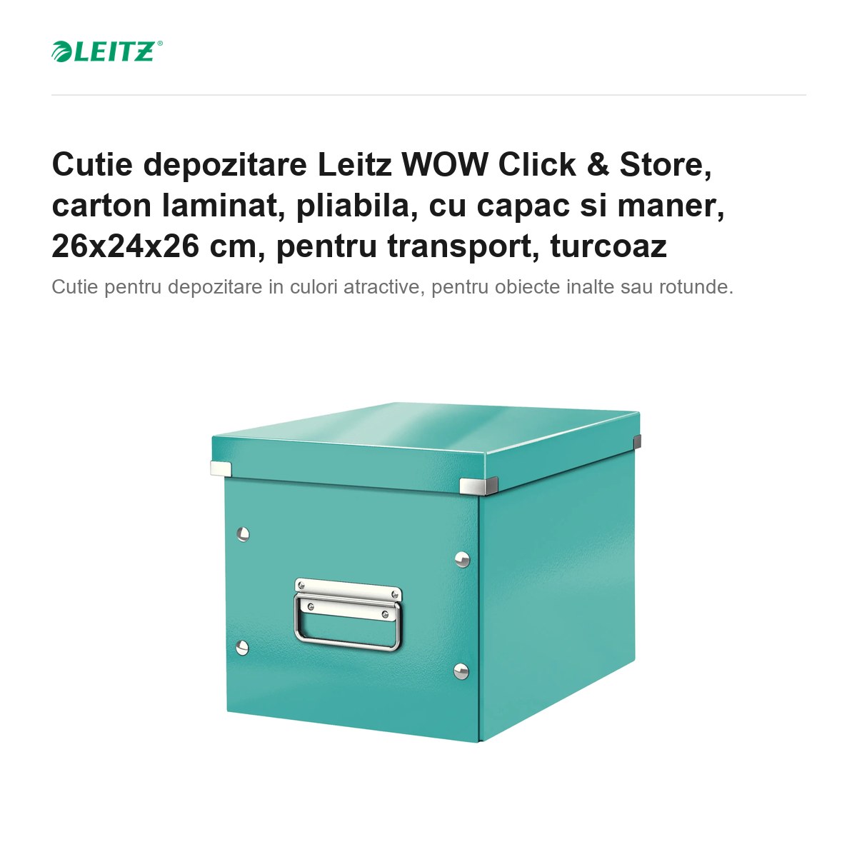 Cutie depozitare Leitz WOW Click & Store, carton laminat, pliabila, cu capac si maner, 26x24x26 cm, pentru transport, turcoaz [1]
