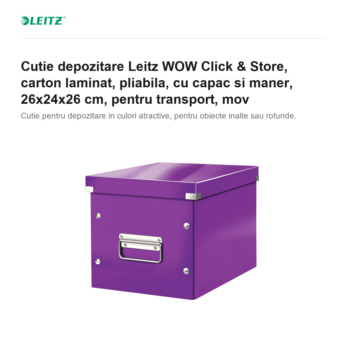 Cutie depozitare Leitz WOW Click & Store, carton laminat, pliabila, cu capac si maner, 26x24x26 cm, pentru transport, mov [1]
