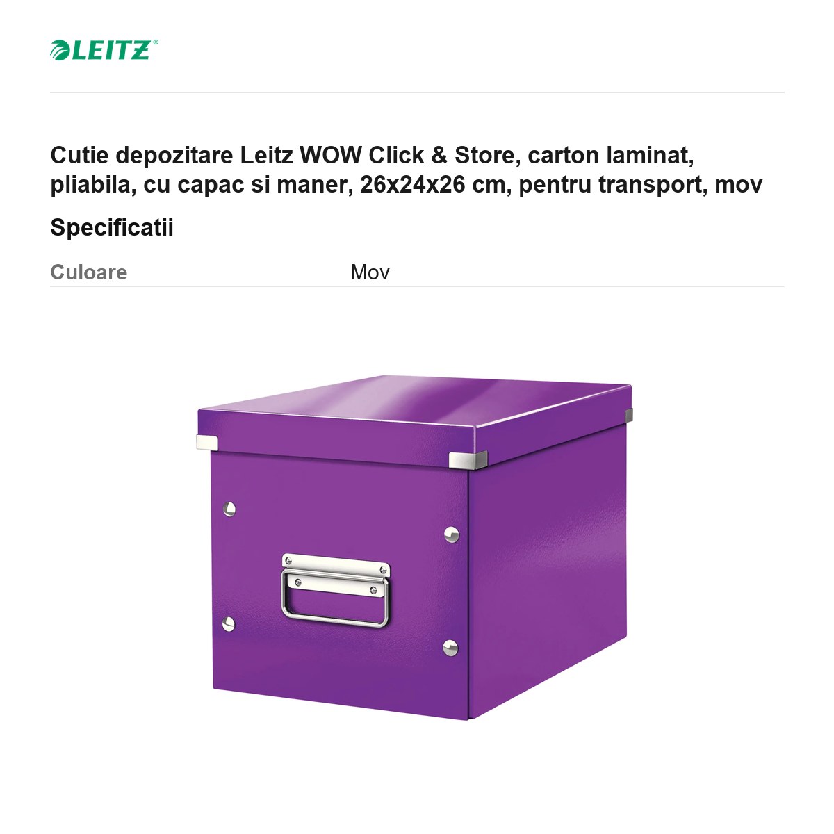 Cutie depozitare Leitz WOW Click & Store, carton laminat, pliabila, cu capac si maner, 26x24x26 cm, pentru transport, mov [2]