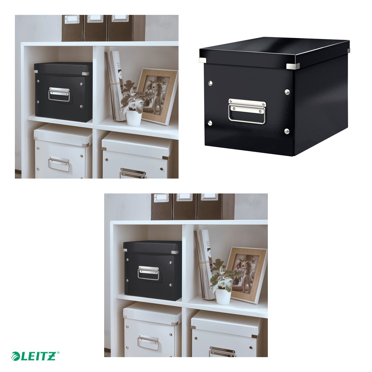 Cutie depozitare Leitz WOW Click & Store, carton laminat, pliabila, cu capac si maner, 26x24x26 cm, pentru transport, negru [3]
