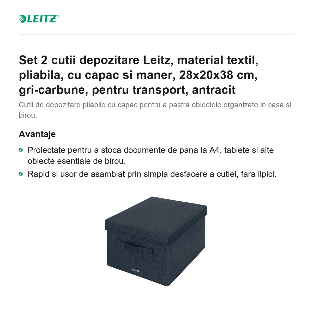Set 2 cutii depozitare Leitz, material textil, pliabila, cu capac si maner, 28x20x38 cm, gri-carbune, pentru transport, antracit [1]