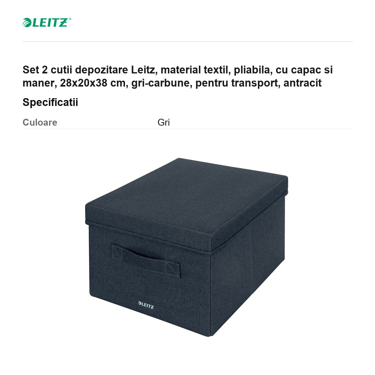 Set 2 cutii depozitare Leitz, material textil, pliabila, cu capac si maner, 28x20x38 cm, gri-carbune, pentru transport, antracit [2]
