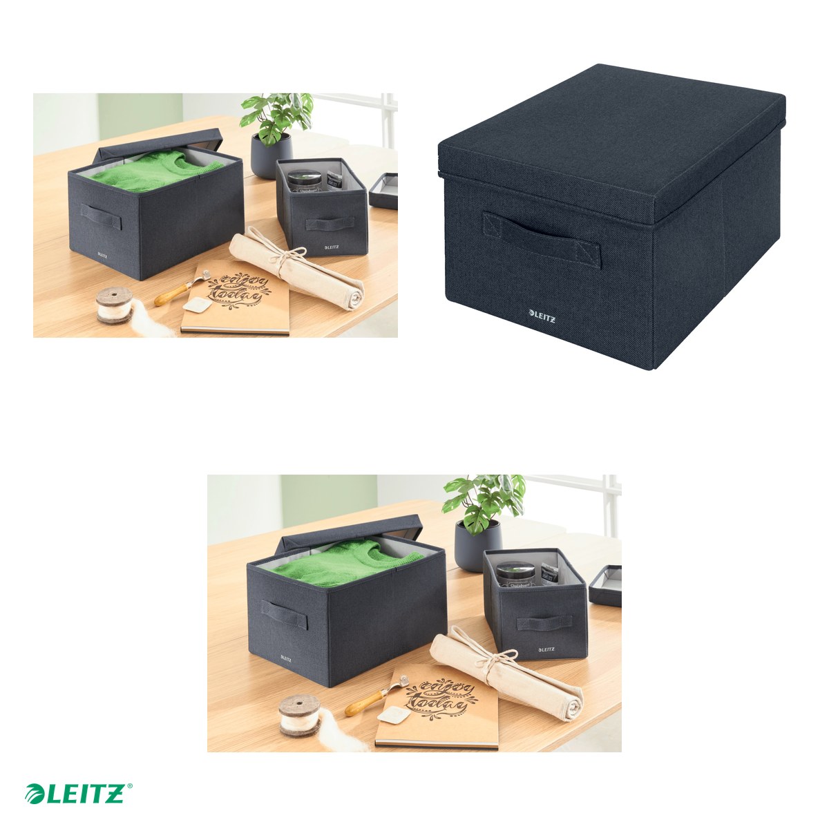Set 2 cutii depozitare Leitz, material textil, pliabila, cu capac si maner, 28x20x38 cm, gri-carbune, pentru transport, antracit [3]
