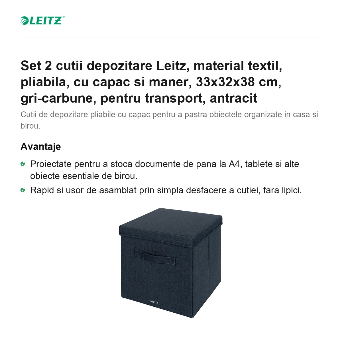 Set 2 cutii depozitare Leitz, material textil, pliabila, cu capac si maner, 33x32x38 cm, gri-carbune, pentru transport, antracit [1]