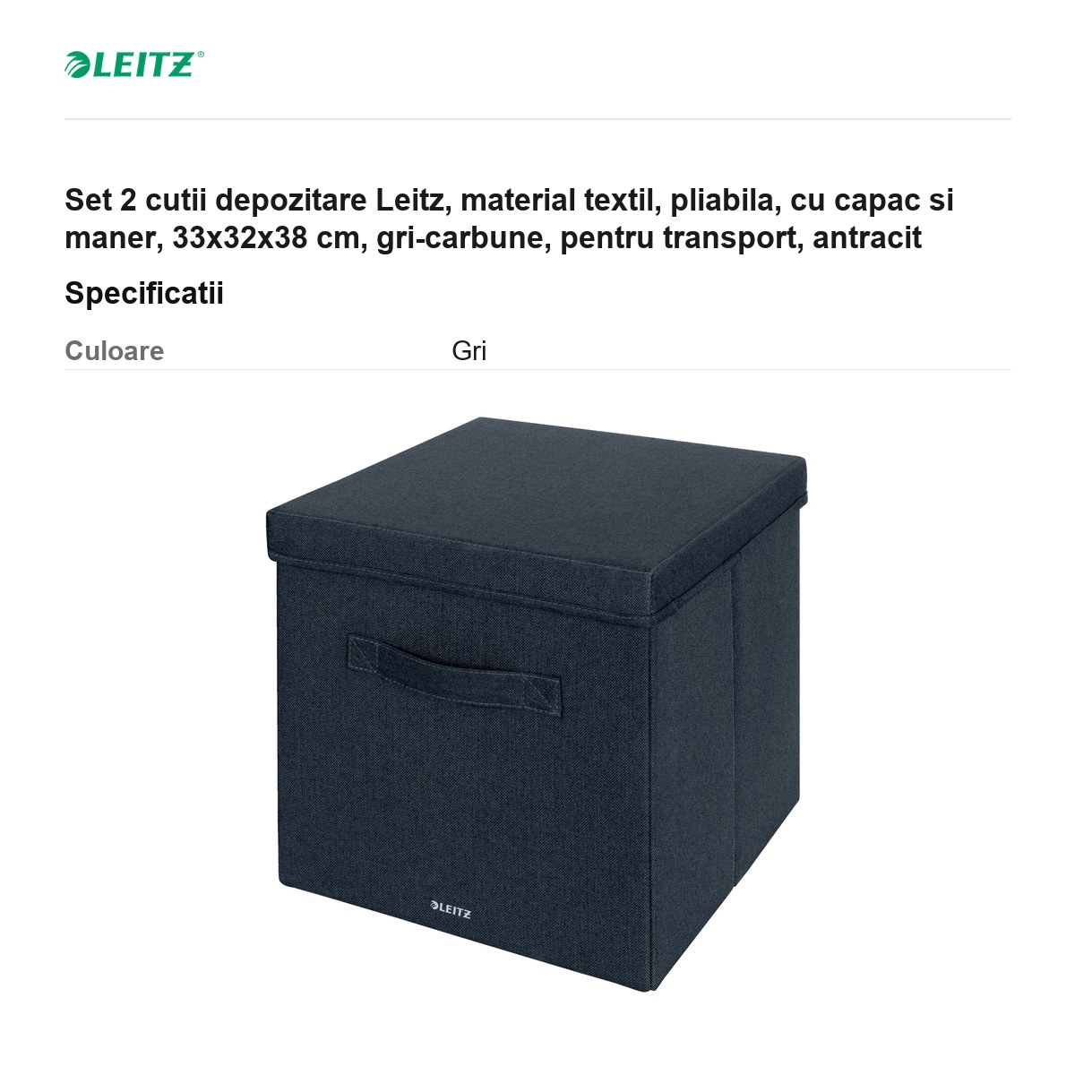 Set 2 cutii depozitare Leitz, material textil, pliabila, cu capac si maner, 33x32x38 cm, gri-carbune, pentru transport, antracit [2]