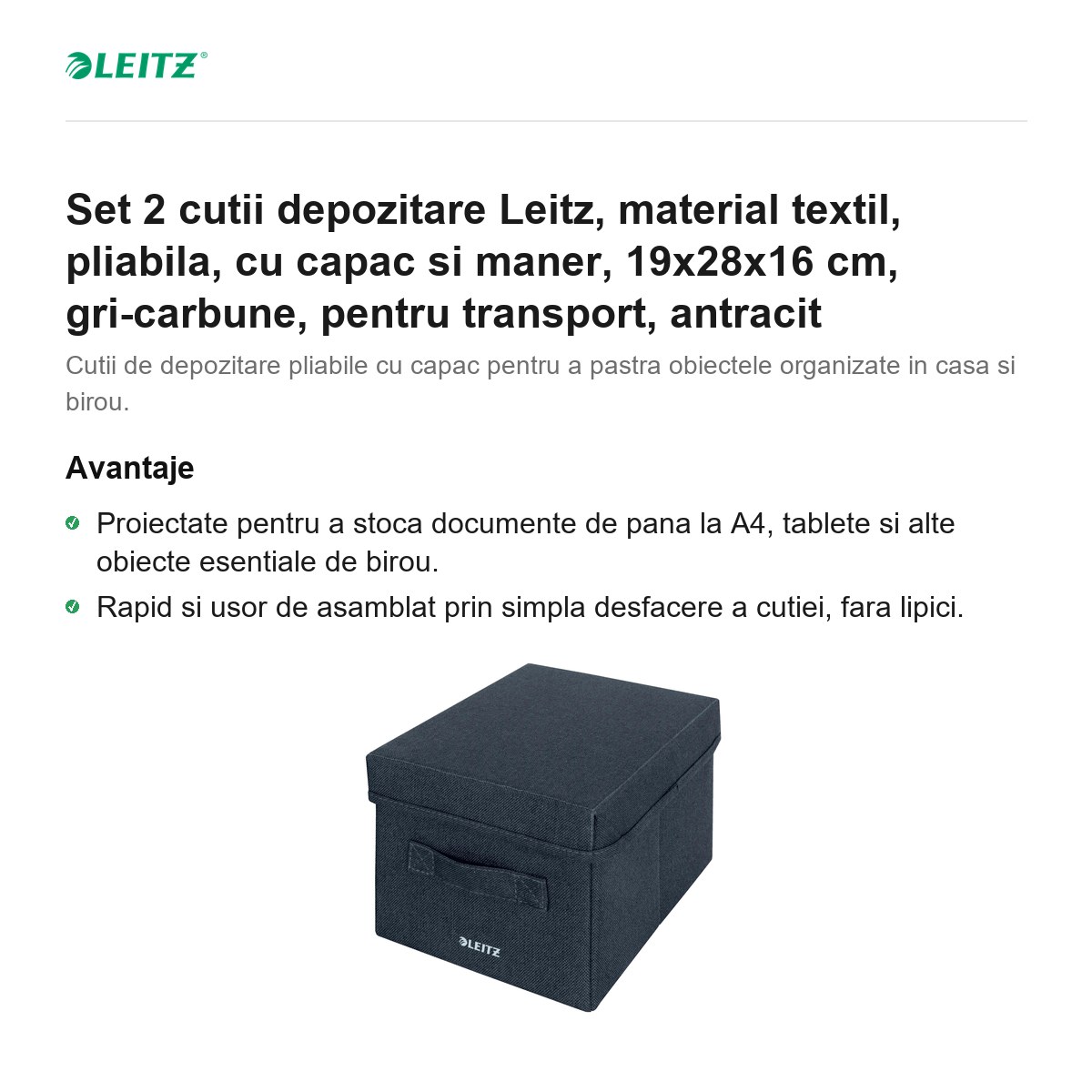 Set 2 cutii depozitare Leitz, material textil, pliabila, cu capac si maner, 19x28x16 cm, gri-carbune, pentru transport, antracit [1]