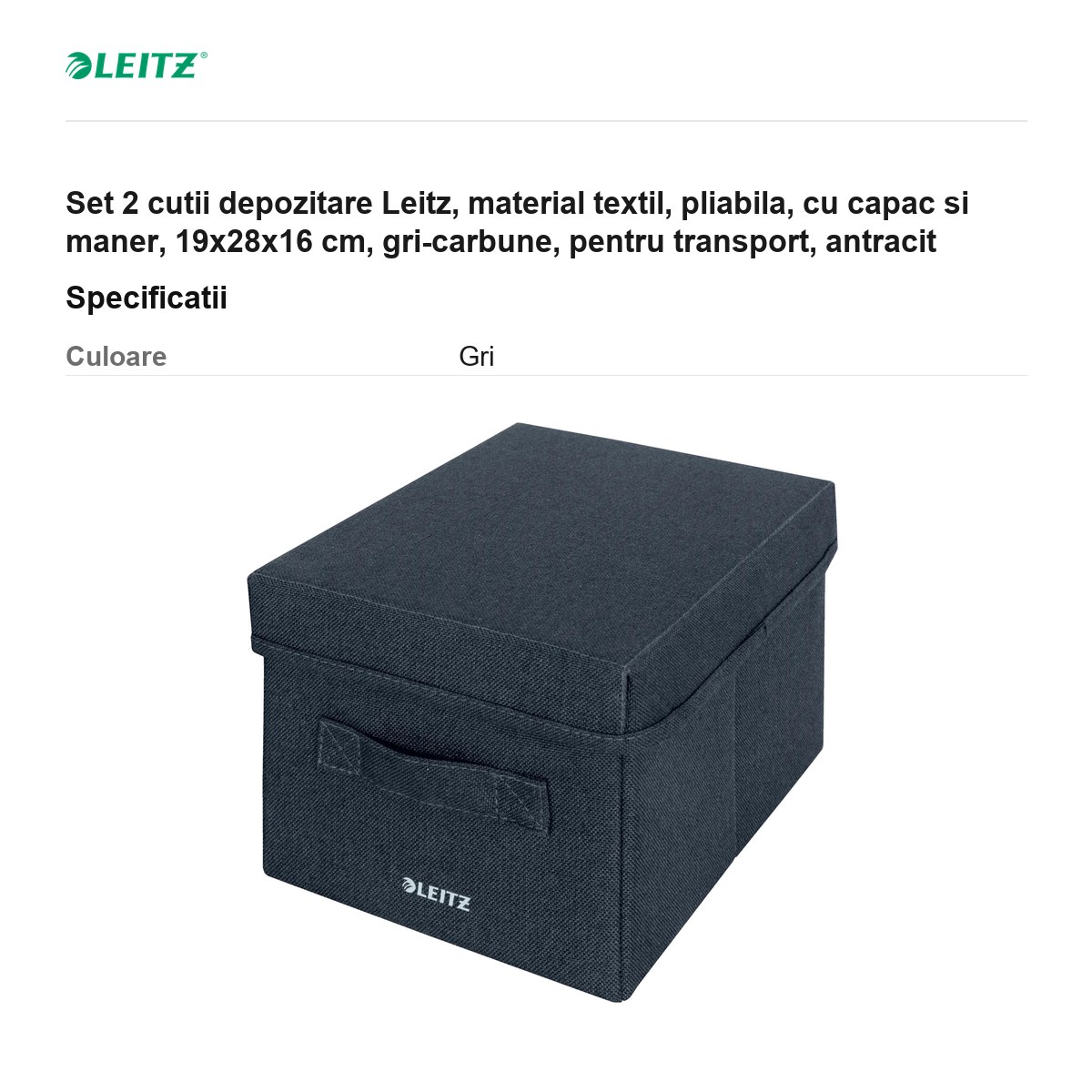 Set 2 cutii depozitare Leitz, material textil, pliabila, cu capac si maner, 19x28x16 cm, gri-carbune, pentru transport, antracit [2]