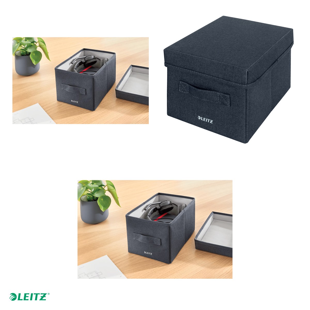 Set 2 cutii depozitare Leitz, material textil, pliabila, cu capac si maner, 19x28x16 cm, gri-carbune, pentru transport, antracit [3]