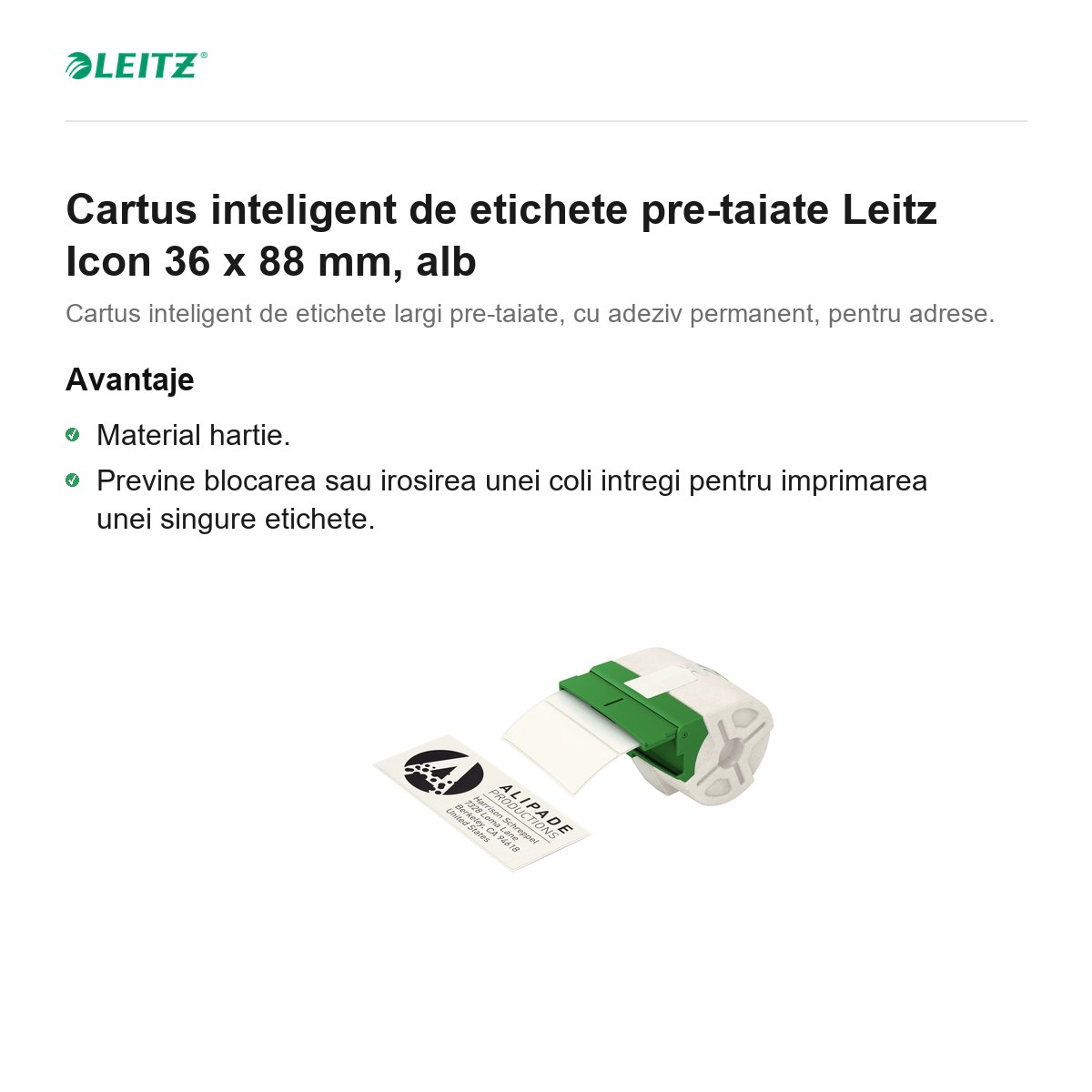 Cartus inteligent de etichete pre-taiate Leitz Icon 36 x 88 mm, alb [1]
