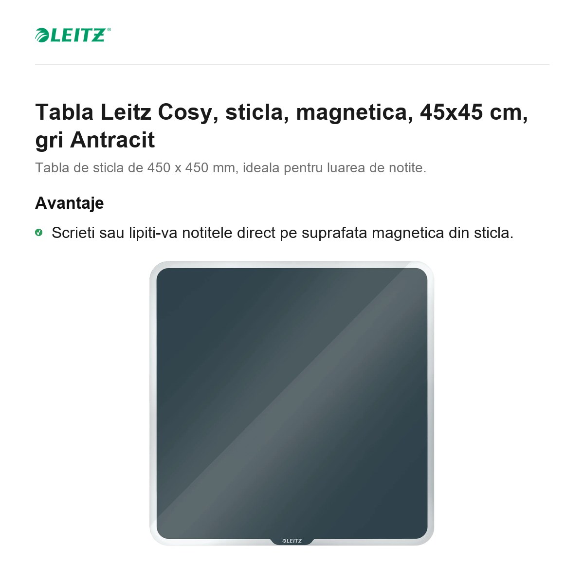 Tabla Leitz Cosy, sticla, magnetica, 45x45 cm, gri Antracit [1]