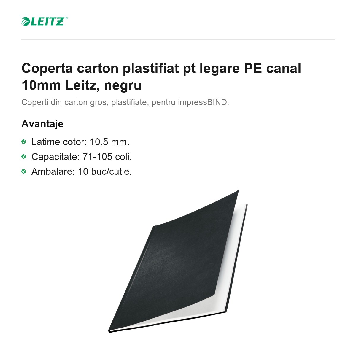 Cutie 10 coperti carton plastifiat Leitz, pentru legare pe canal, 10 mm, negru [1]