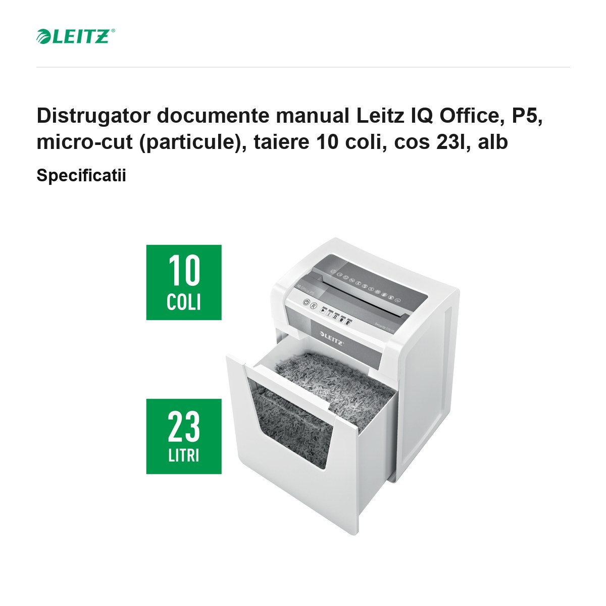 Distrugator documente manual Leitz IQ Office, P5, micro-cut (particule), taiere 10 coli, cos 23l, alb [2]
