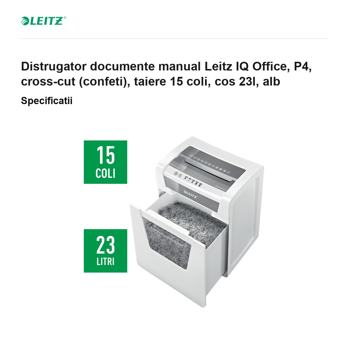 Distrugator documente manual Leitz IQ Office, P4, cross-cut (confeti), taiere 15 coli, cos 23l, alb [2]