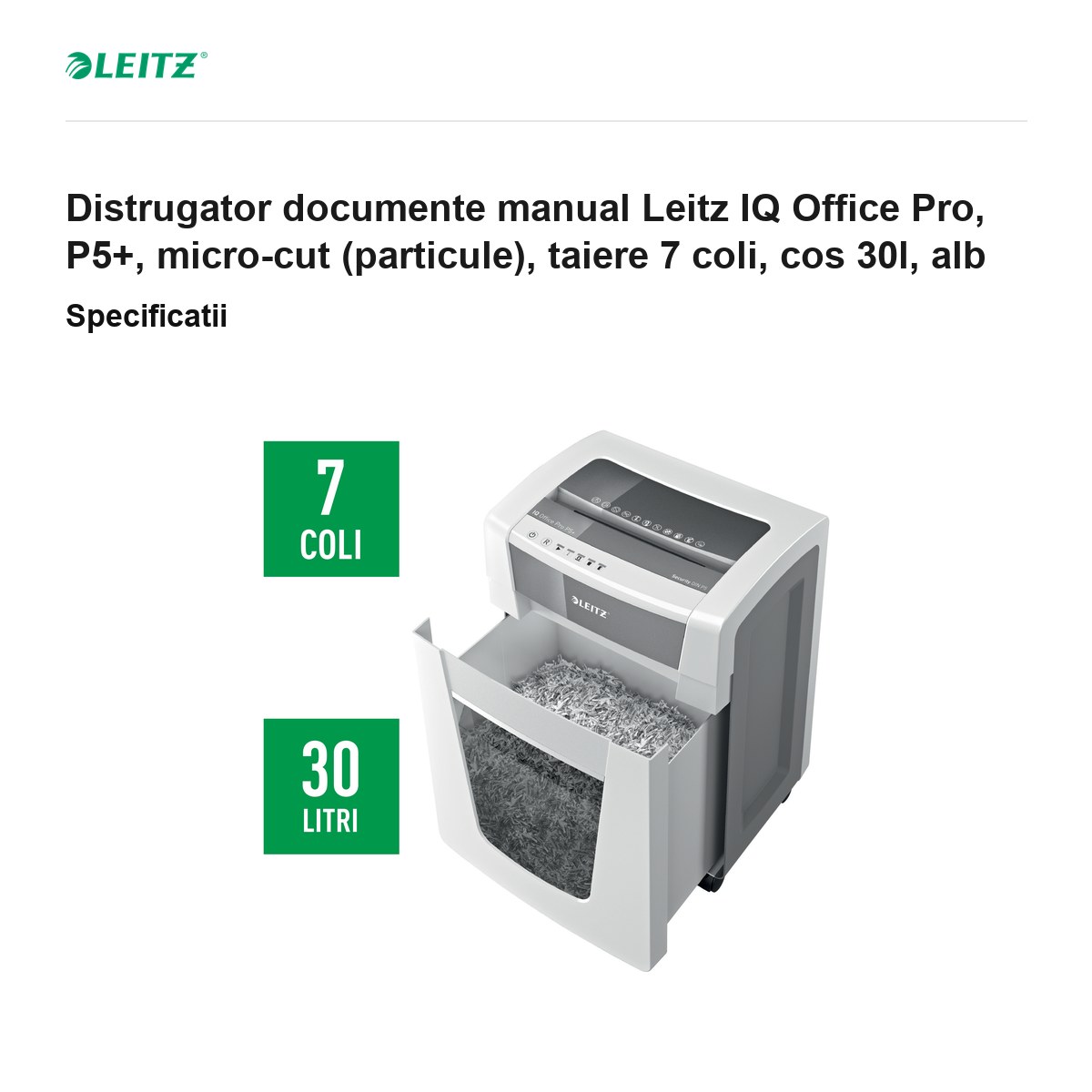 Distrugator documente manual Leitz IQ Office Pro, P5+, micro-cut (particule), taiere 7 coli, cos 30l, alb [2]