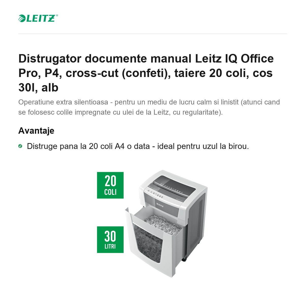 Distrugator documente manual Leitz IQ Office Pro, P4, cross-cut (confeti), taiere 20 coli, cos 30l, alb [1]