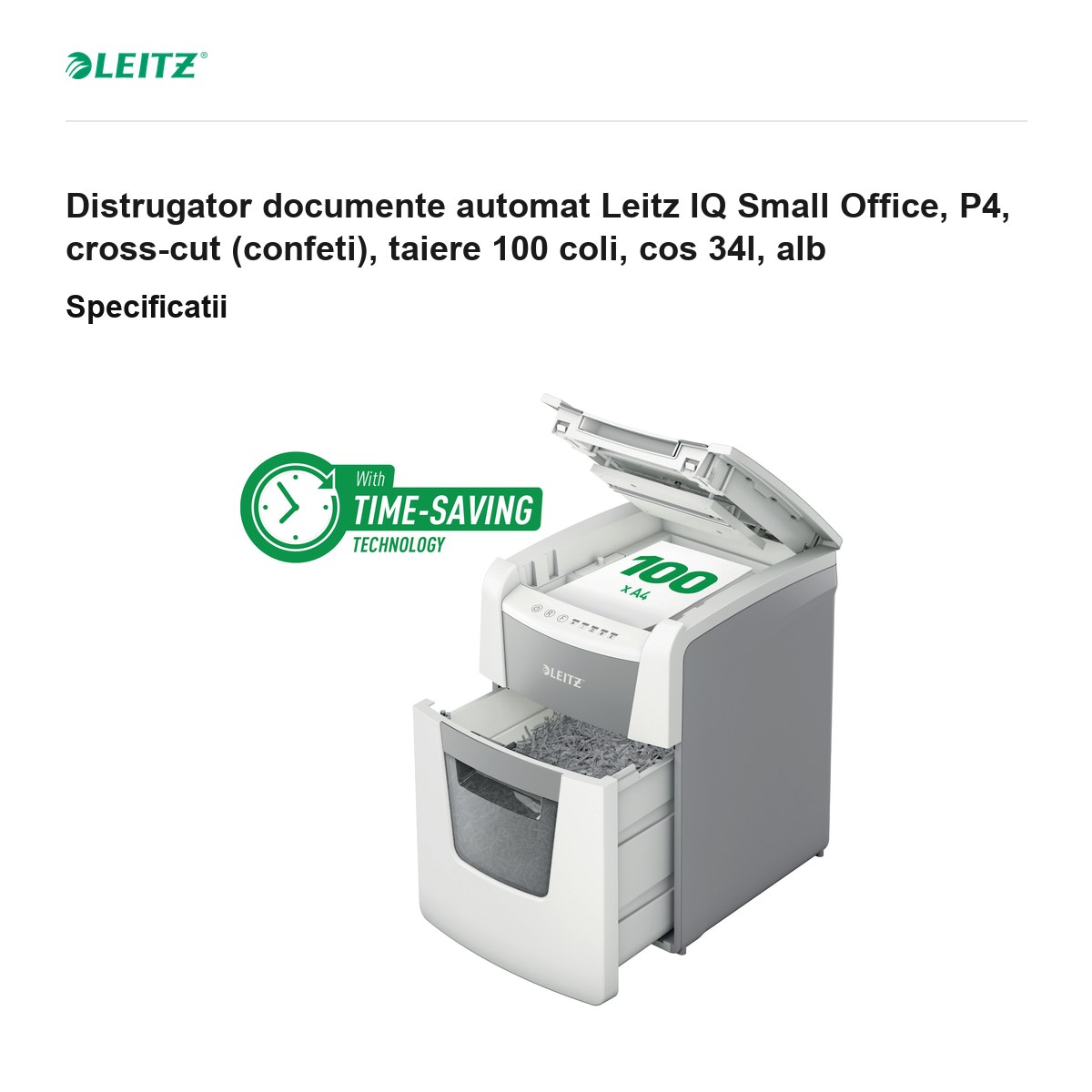 Distrugator documente automat Leitz IQ Small Office, P4, cross-cut (confeti), taiere 100 coli, cos 34l, alb [2]
