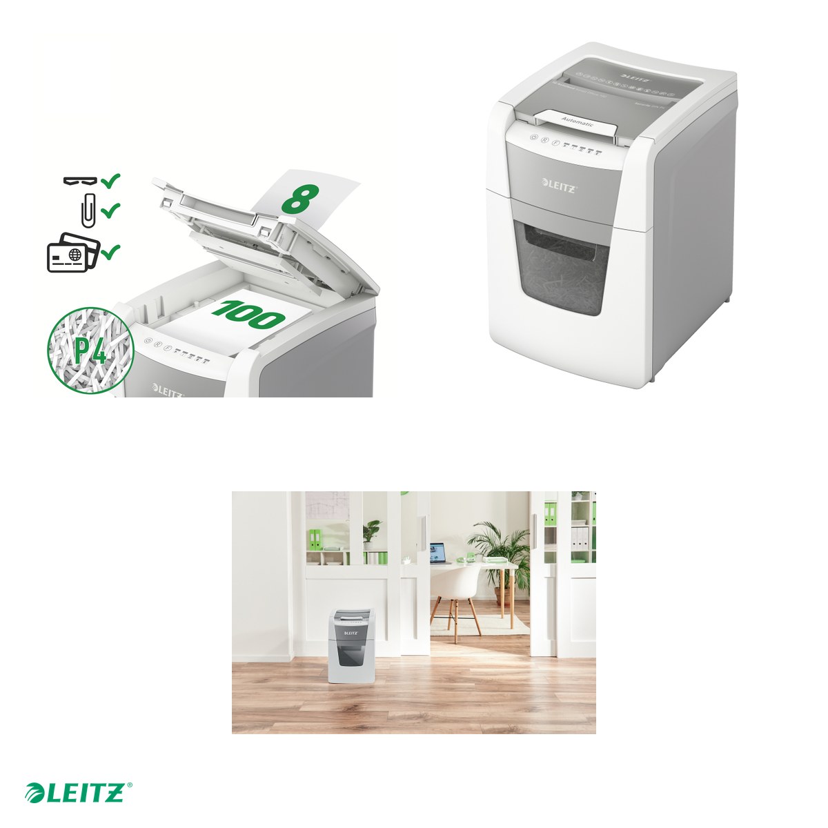 Distrugator documente automat Leitz IQ Small Office, P4, cross-cut (confeti), taiere 100 coli, cos 34l, alb [3]