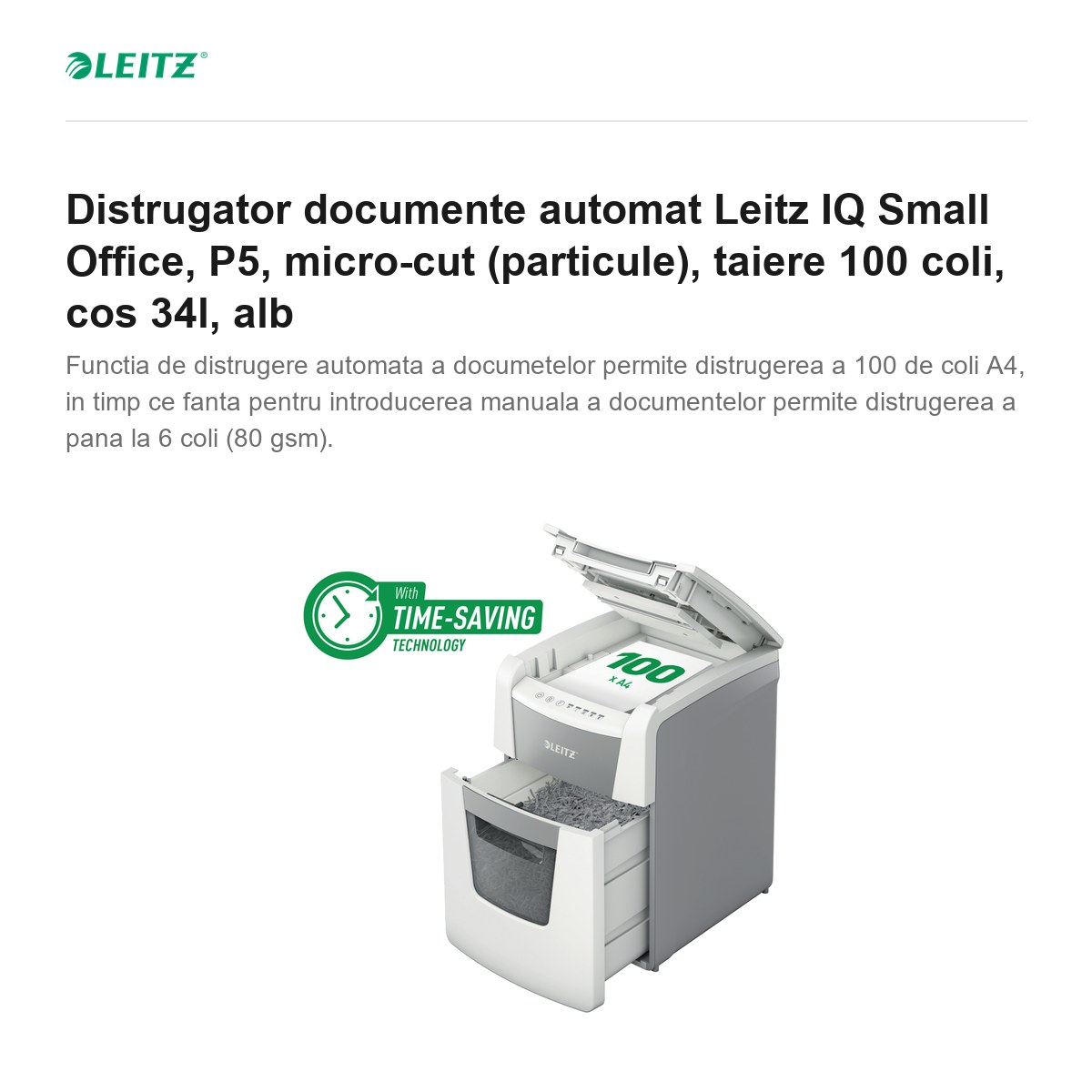 Distrugator documente automat Leitz IQ Small Office, P5, micro-cut (particule), taiere 100 coli, cos 34l, alb [1]