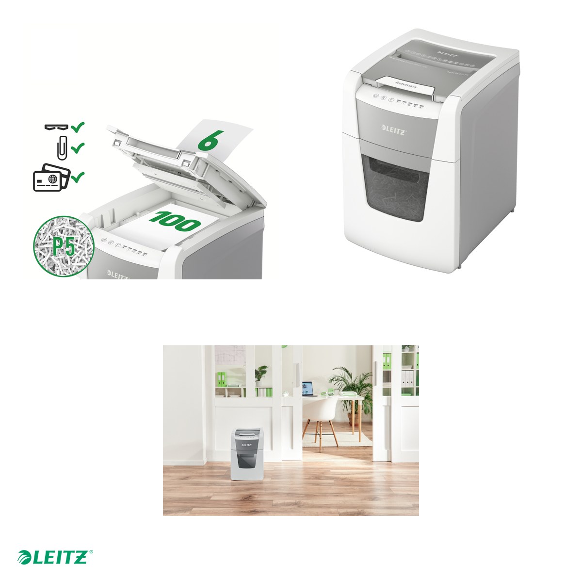 Distrugator documente automat Leitz IQ Small Office, P5, micro-cut (particule), taiere 100 coli, cos 34l, alb [3]