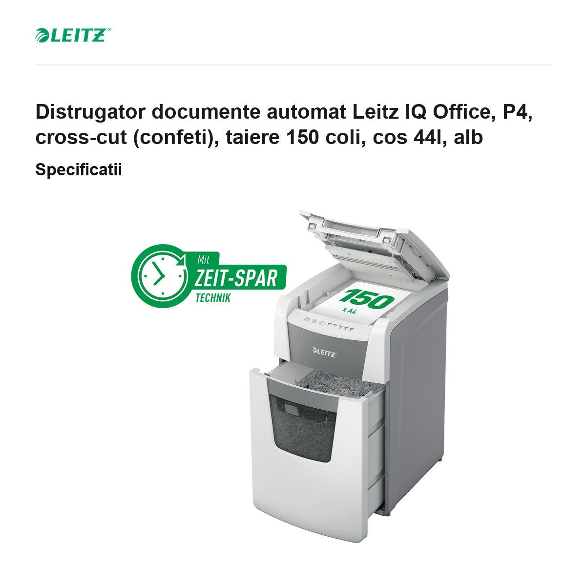 Distrugator documente automat Leitz IQ Office, P4, cross-cut (confeti), taiere 150 coli, cos 44l, alb [2]