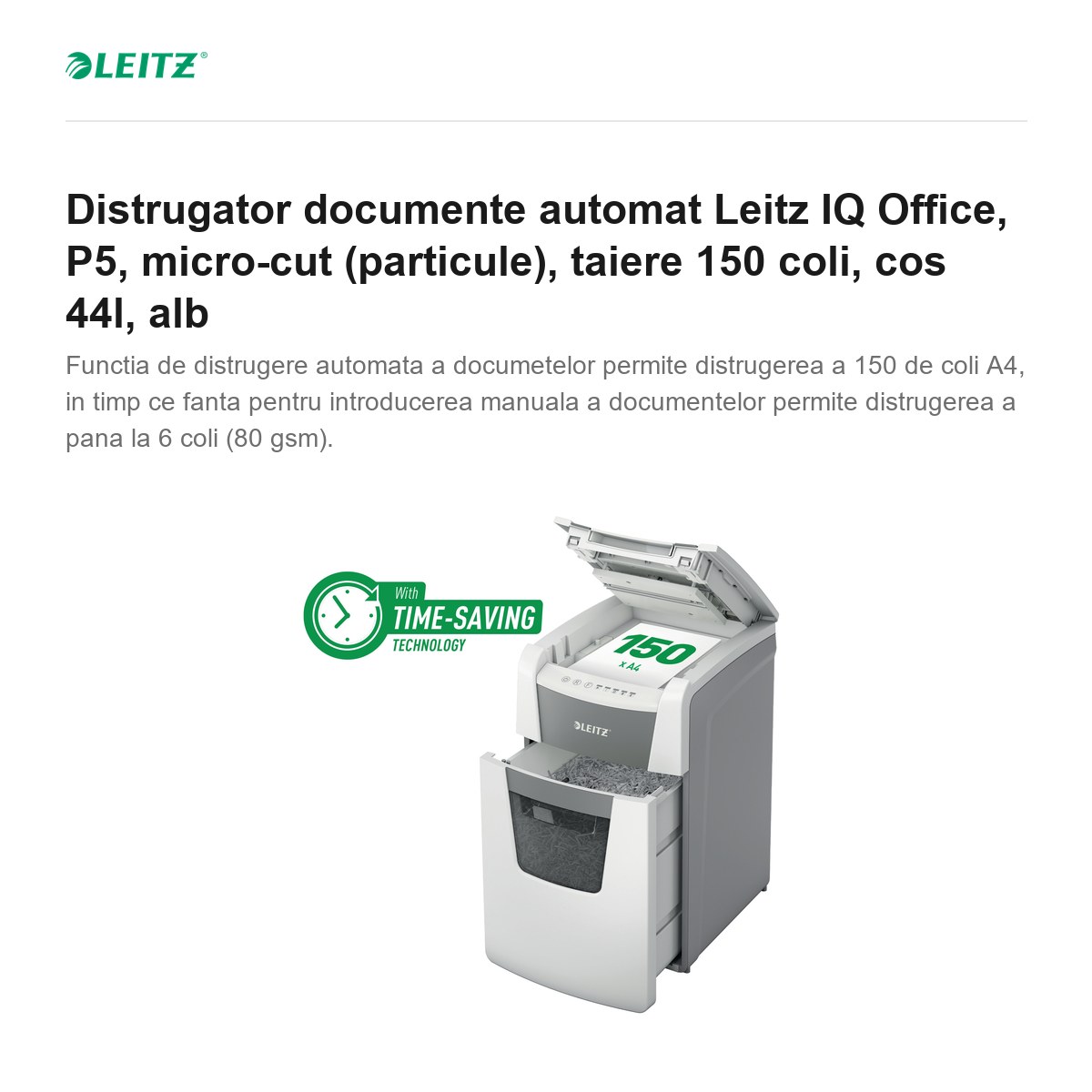 Distrugator documente automat Leitz IQ Office, P5, micro-cut (particule), taiere 150 coli, cos 44l, alb [1]