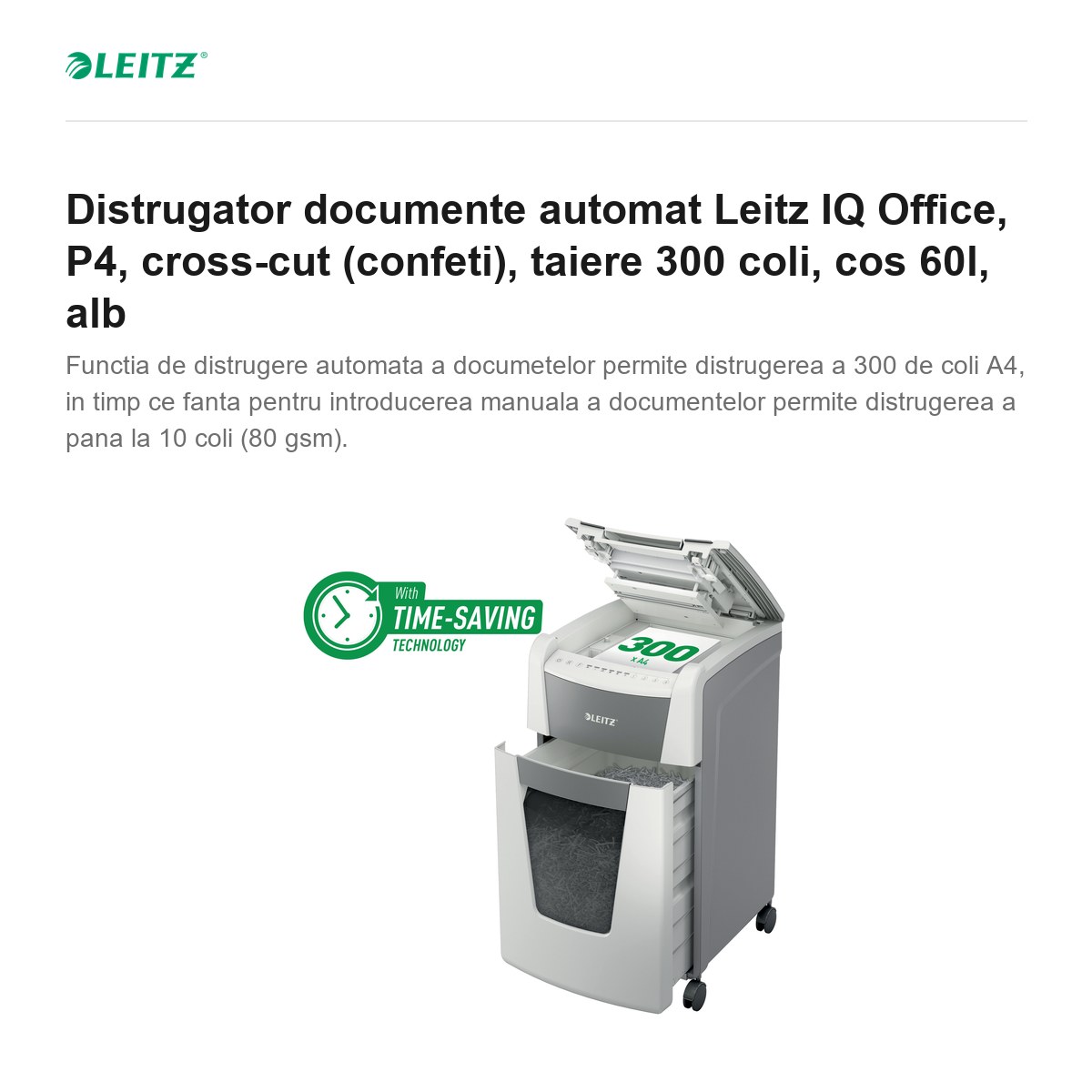 Distrugator documente automat Leitz IQ Office, P4, cross-cut (confeti), taiere 300 coli, cos 60l, alb [1]