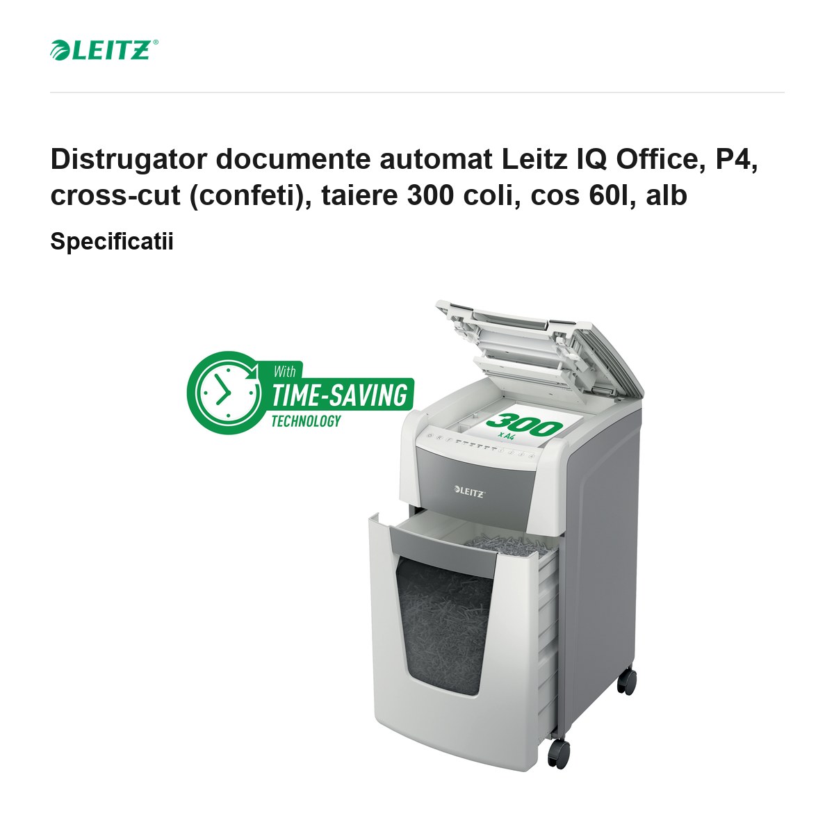 Distrugator documente automat Leitz IQ Office, P4, cross-cut (confeti), taiere 300 coli, cos 60l, alb [2]