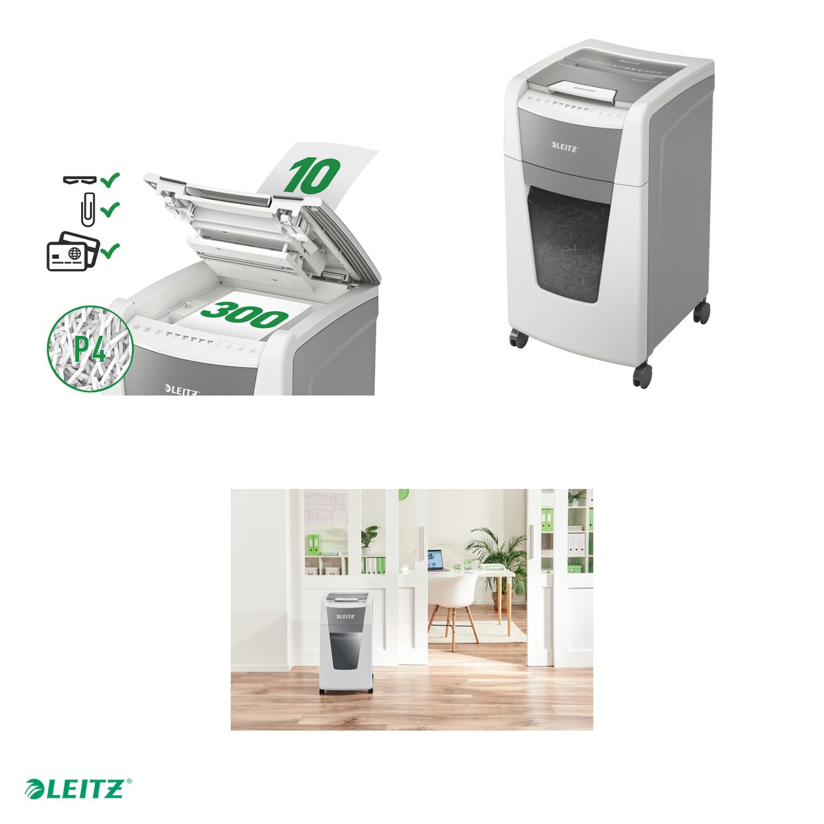 Distrugator documente automat Leitz IQ Office, P4, cross-cut (confeti), taiere 300 coli, cos 60l, alb [3]