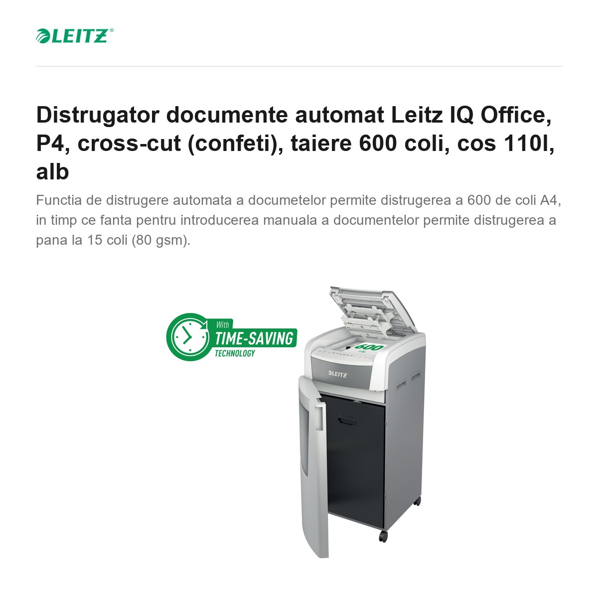 Distrugator documente automat Leitz IQ Office, P4, cross-cut (confeti), taiere 600 coli, cos 110l, alb [1]