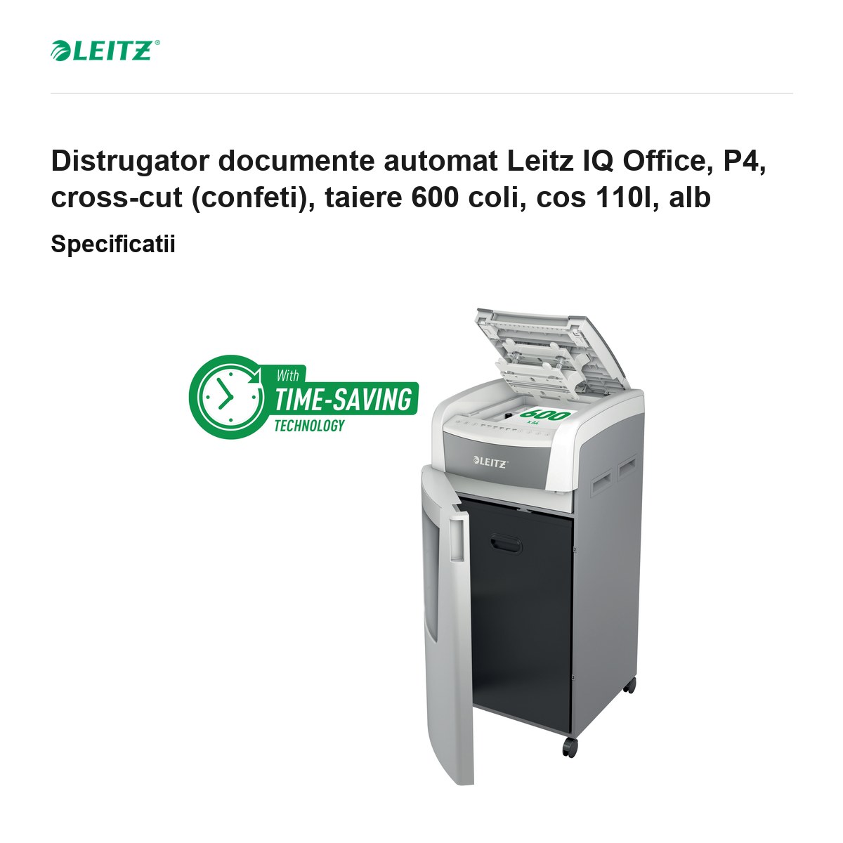 Distrugator documente automat Leitz IQ Office, P4, cross-cut (confeti), taiere 600 coli, cos 110l, alb [2]