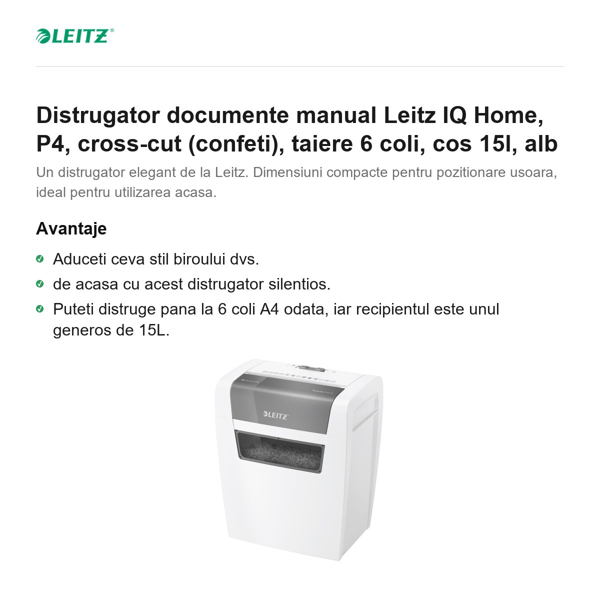 Distrugator documente manual Leitz IQ Home, P4, cross-cut (confeti), taiere 6 coli, cos 15l, alb [1]