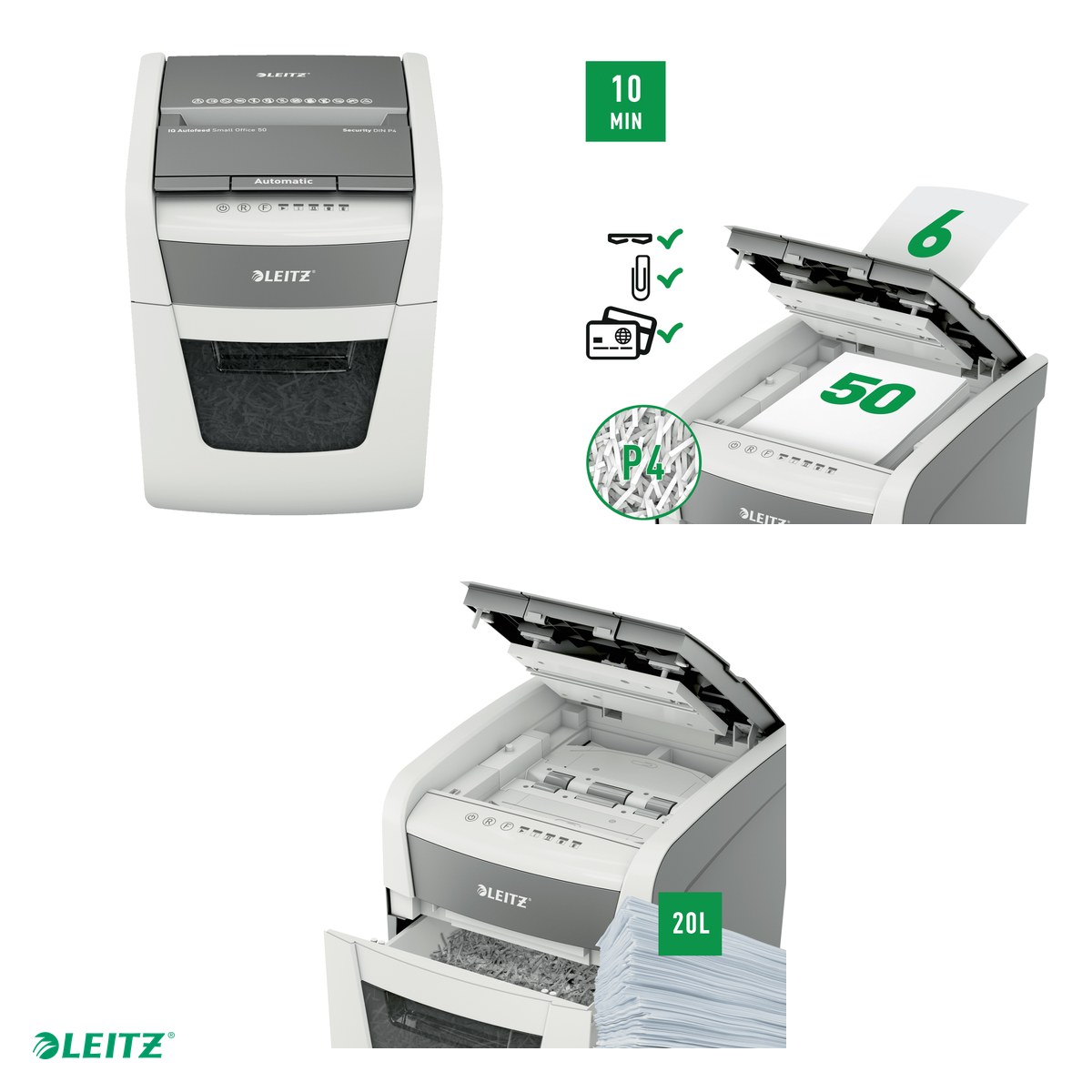 Distrugator documente automat Leitz IQ Small Office, P4, cross-cut (confeti), taiere 50 coli, cos 20l, alb [3]