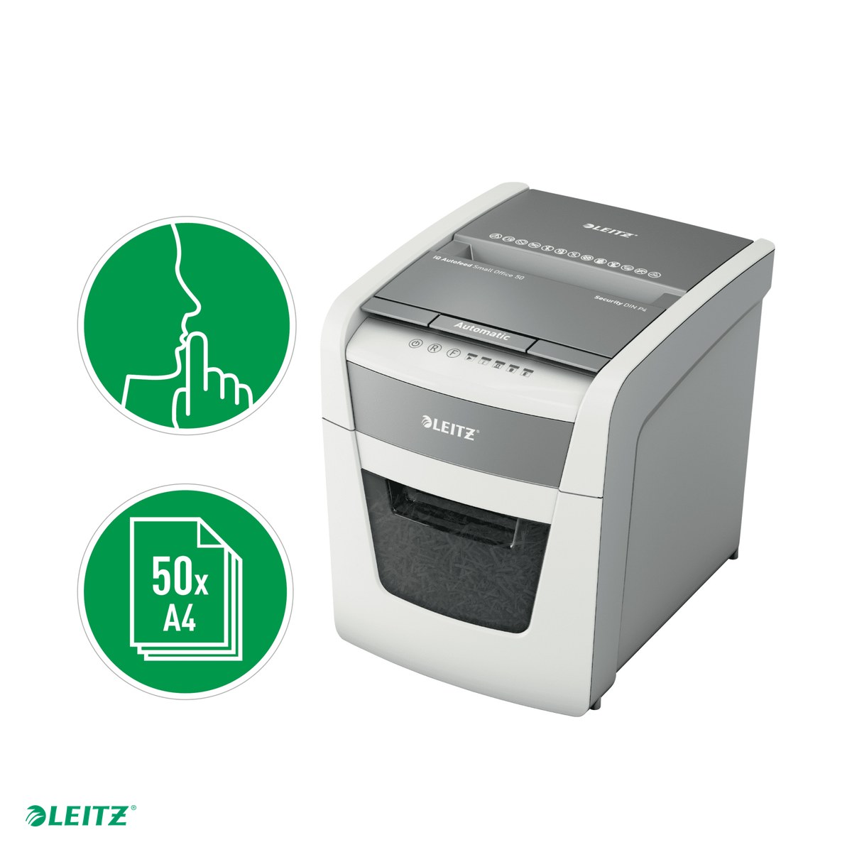 Distrugator documente automat Leitz IQ Small Office, P4, cross-cut (confeti), taiere 50 coli, cos 20l, alb [4]