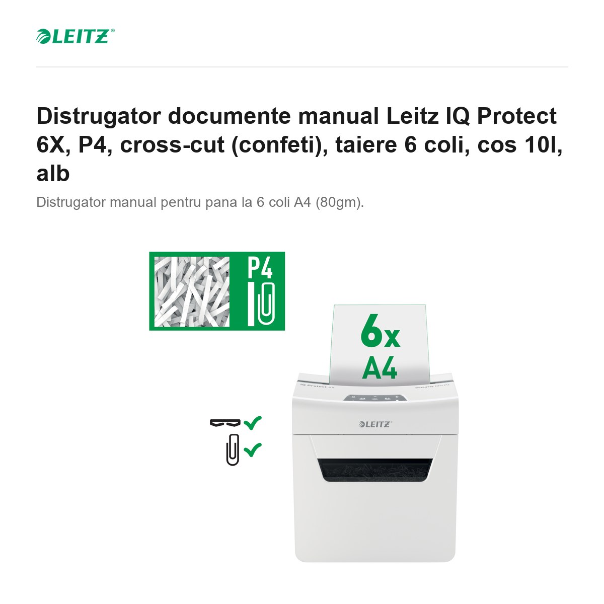 Distrugator documente manual Leitz IQ Protect 6X, P4, cross-cut (confeti), taiere 6 coli, cos 10l, alb [1]