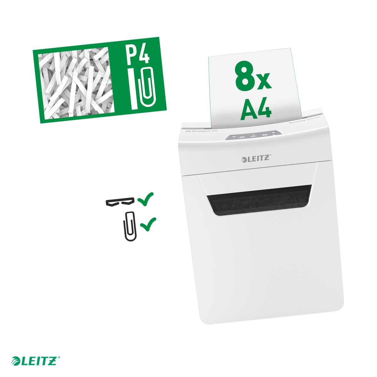 Distrugator documente manual Leitz IQ Protect 8X, P4, cross-cut (confeti), taiere 8 coli, cos 14l, alb [0]