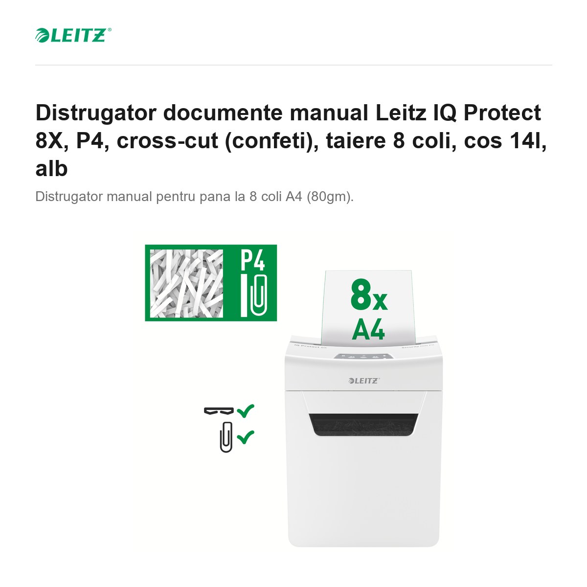 Distrugator documente manual Leitz IQ Protect 8X, P4, cross-cut (confeti), taiere 8 coli, cos 14l, alb [1]