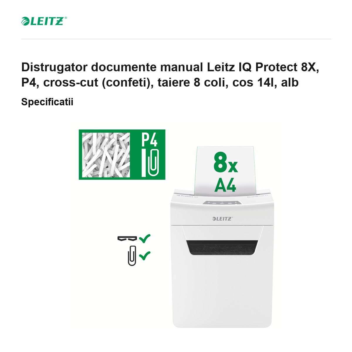 Distrugator documente manual Leitz IQ Protect 8X, P4, cross-cut (confeti), taiere 8 coli, cos 14l, alb [2]