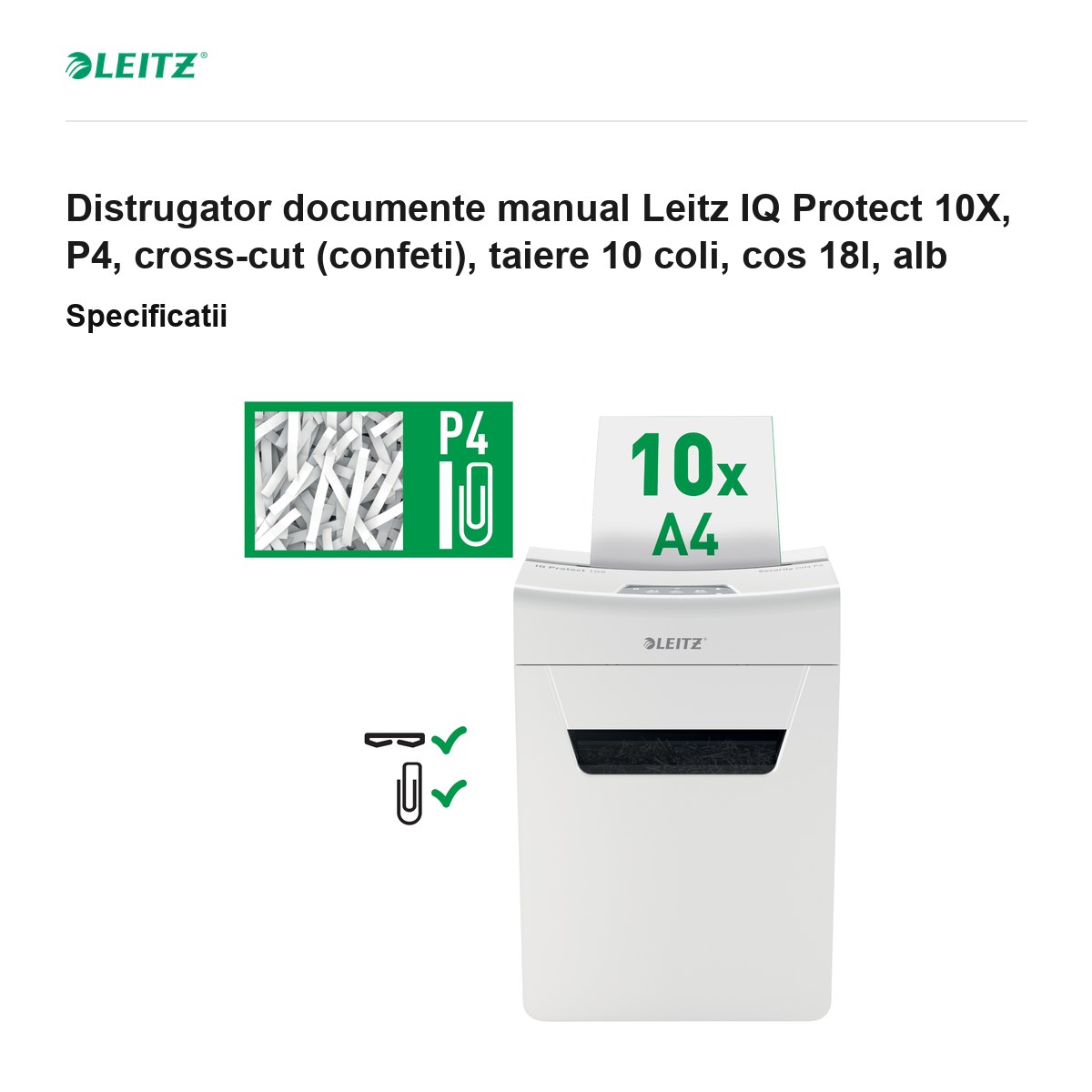 Distrugator documente manual Leitz IQ Protect 10X, P4, cross-cut (confeti), taiere 10 coli, cos 18l, alb [2]